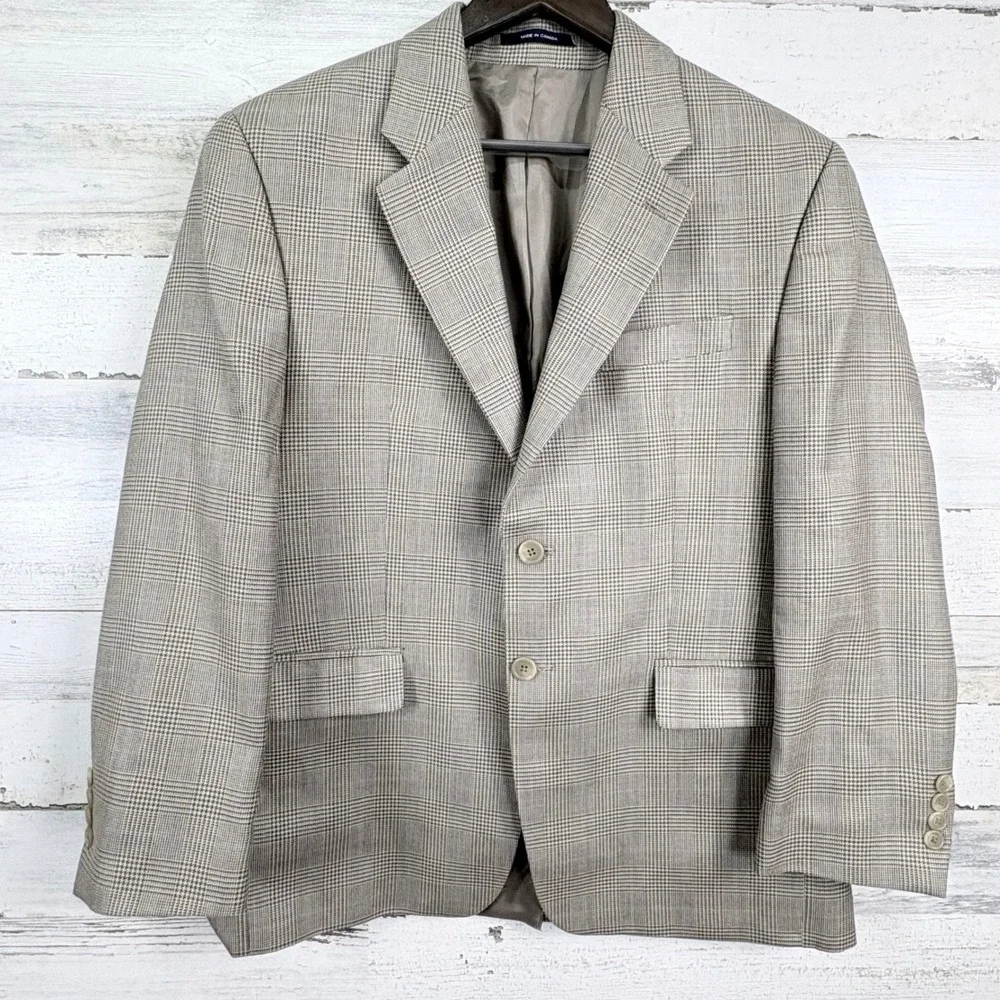Chaps Ralph Lauren Mens 40S Tan Plaid Silk Wool Blend 2 Button Blazer Sport Coat